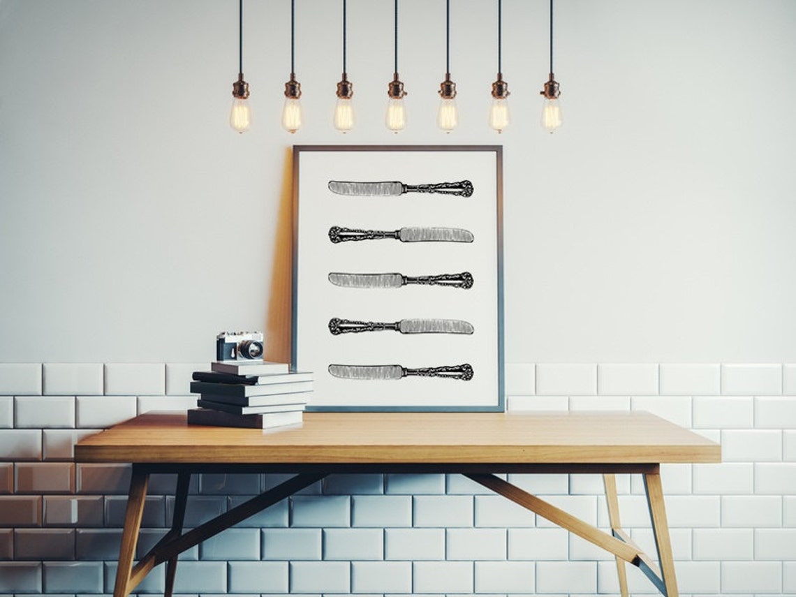 Vintage Knives Illustration Monochrome Cutlery Kitchen Decor Poster - Image 2