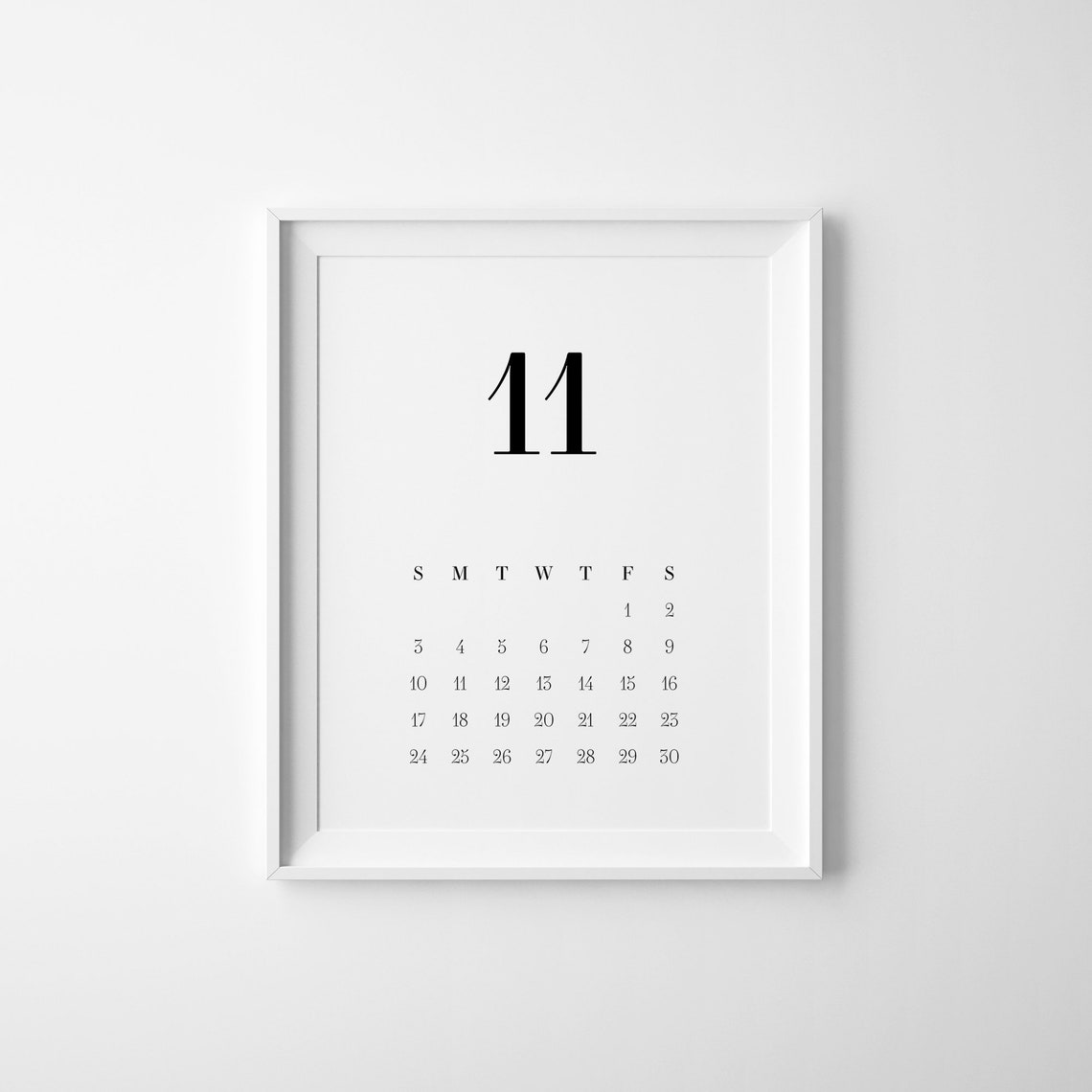November Monthly Calendar Large Number Minimalist Modern Style Poster