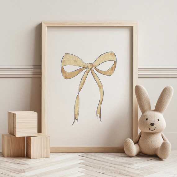Handdrawn Golden Ribbon Bow Minimalist Whimsical Nursery Print