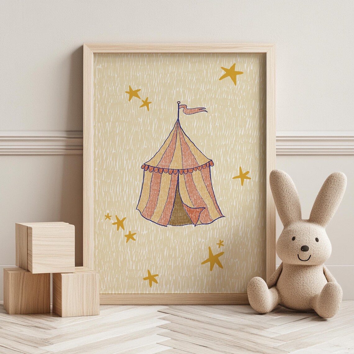 Hand Drawn Striped Circus Tent With Stars Kids Room Nursery Playroom Art Poster