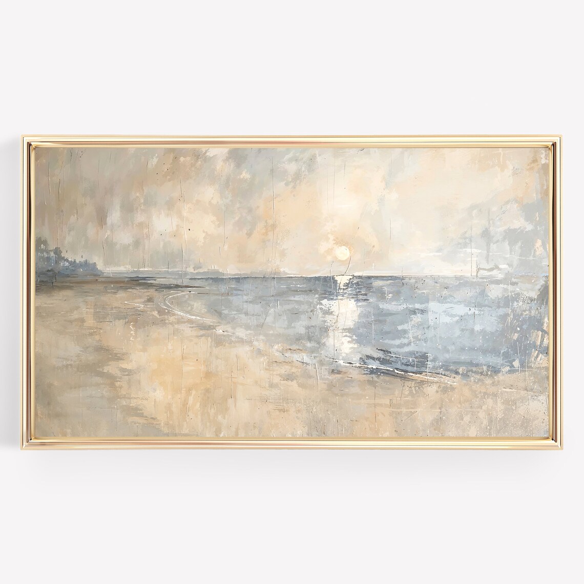 Golden Sunset Beach Seascape Soft Gray Beige Vintage Art Poster - Image 2