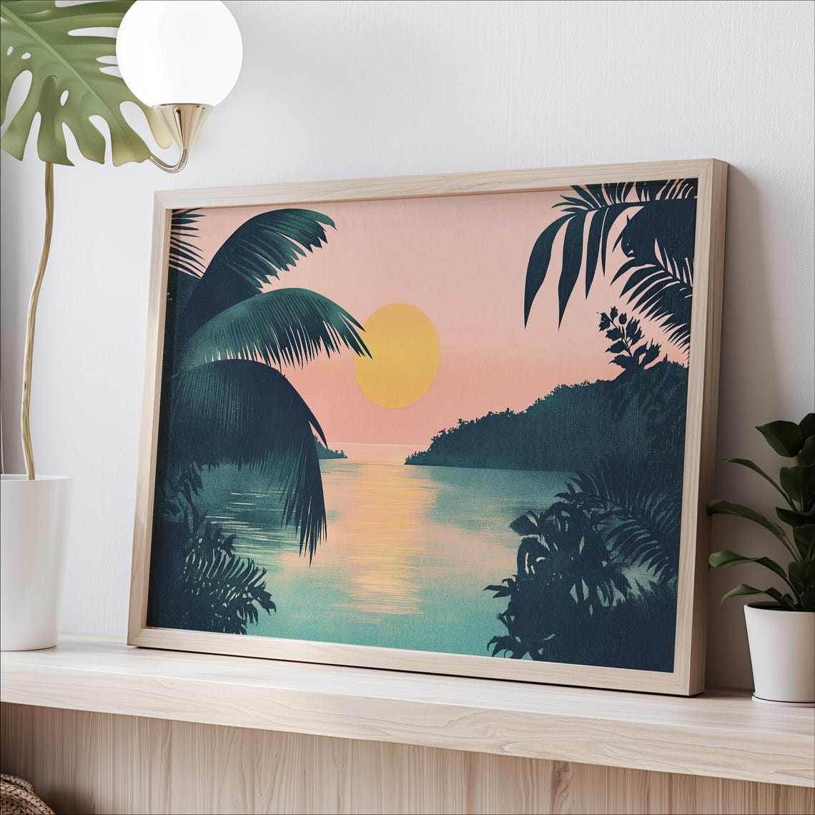 Tropical Sunset Lagoon Art Print Minimalist Jungle Decor