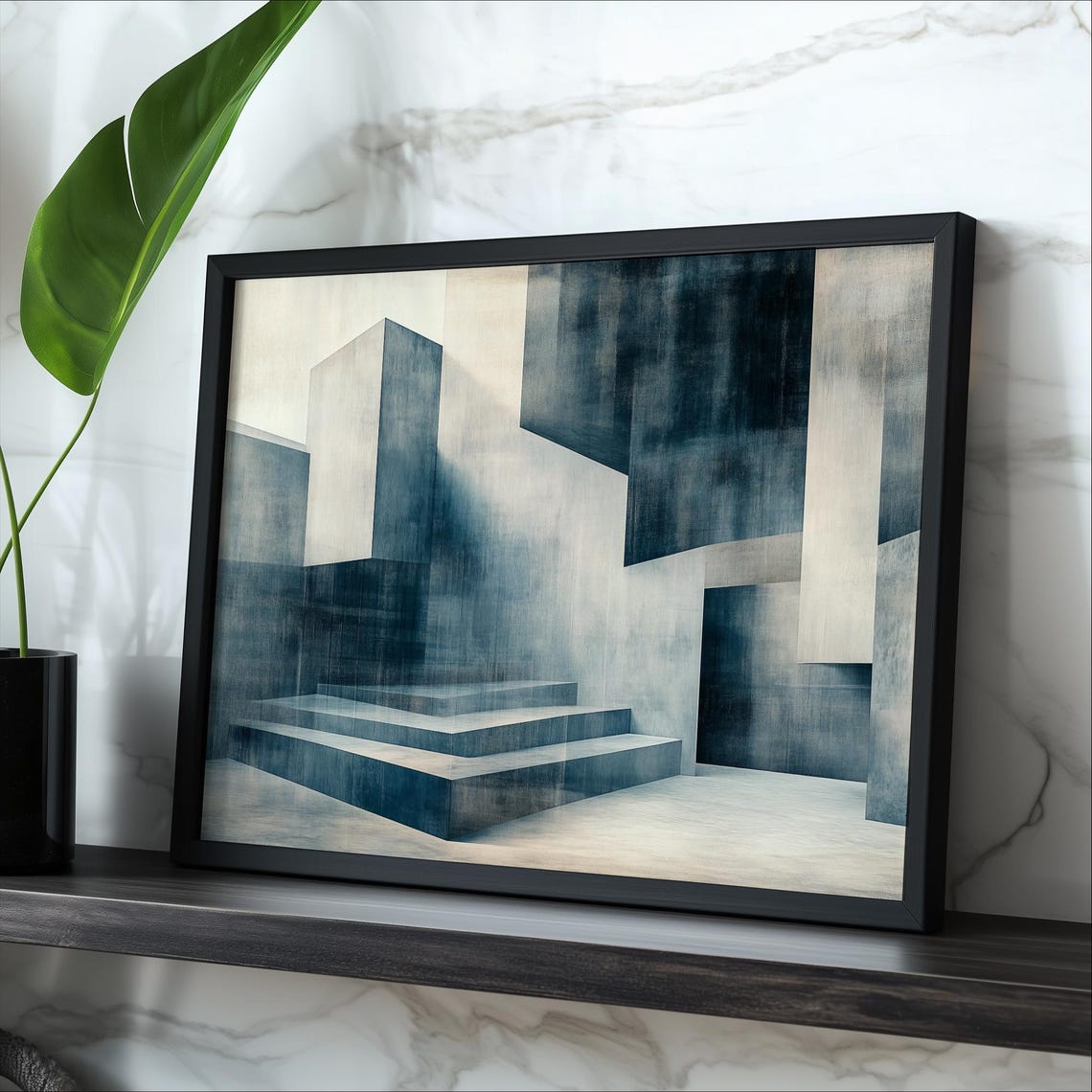 Monochrome Abstract Architectural Blocks Blue Gray Modern Wall Art