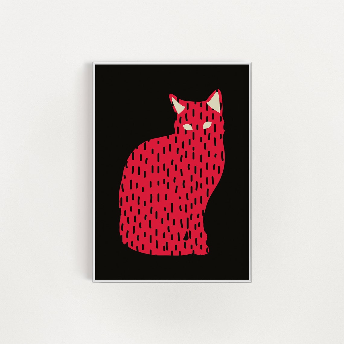 Red Textured Cat Silhouette Solid Black Background Modern Cat Poster