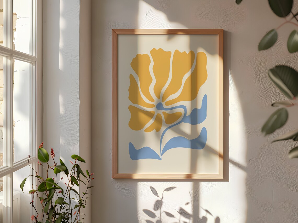 Yellow Blue Abstract Flower Modern Minimalist Sunlit Wall Poster