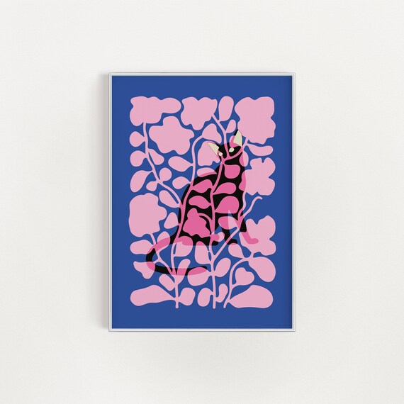 Black Cat Hiding In Pink Flowers Cobalt Blue Bold Cat Art Poster