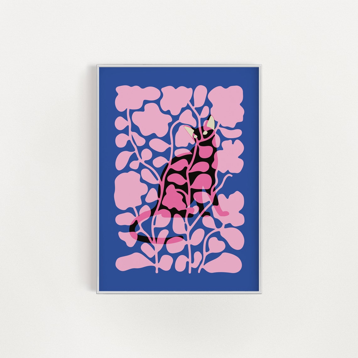 Black Cat Hiding In Pink Flowers Cobalt Blue Bold Cat Art Poster