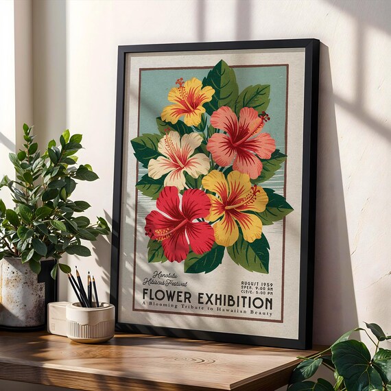 Flower Market Hibiscus Print Retro Hawaiian Art Botanical Poster Vintage Hawaii
