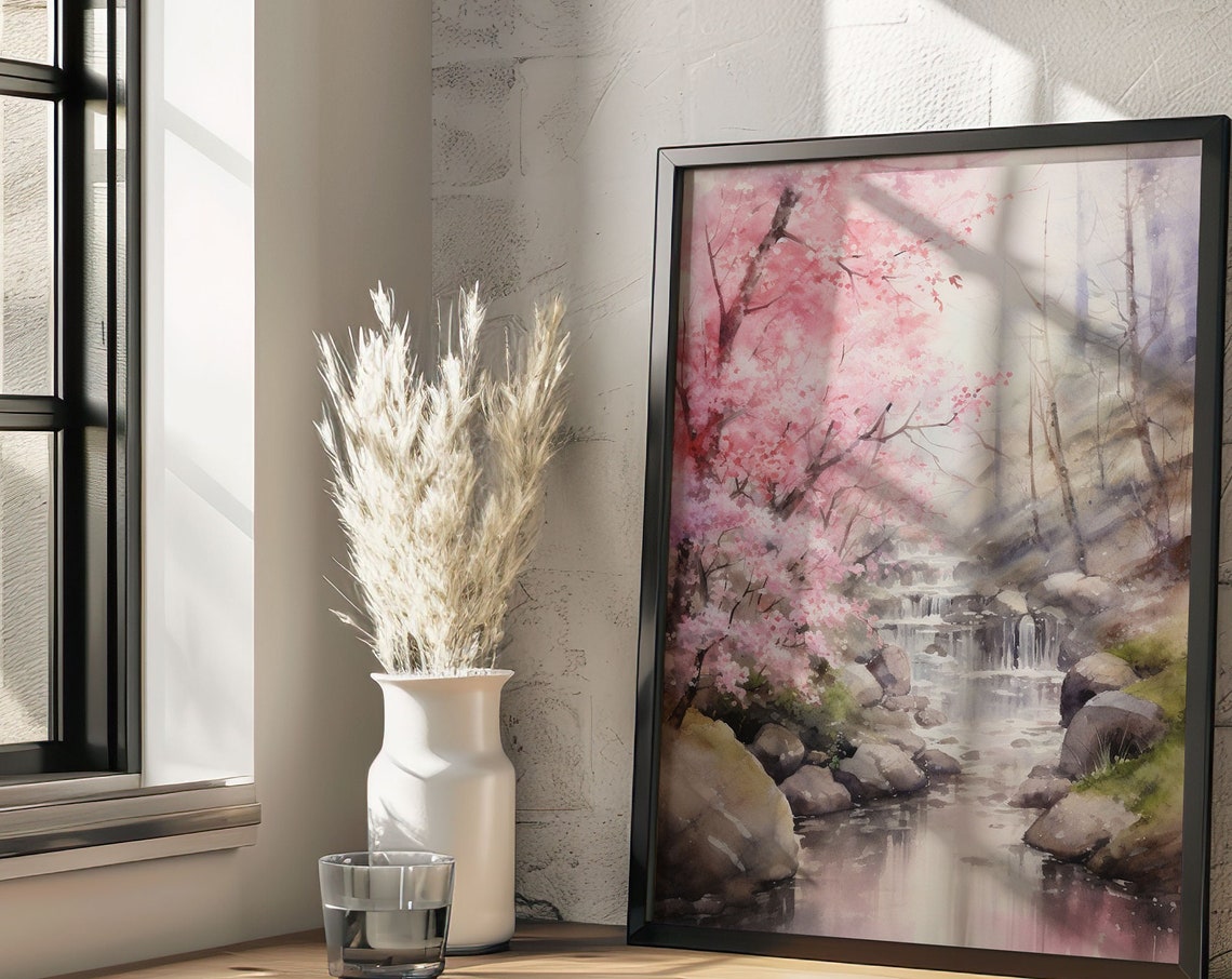 Cherry Blossom Sakura Tree Waterfall Stream Pink Watercolor Poster - Image 4