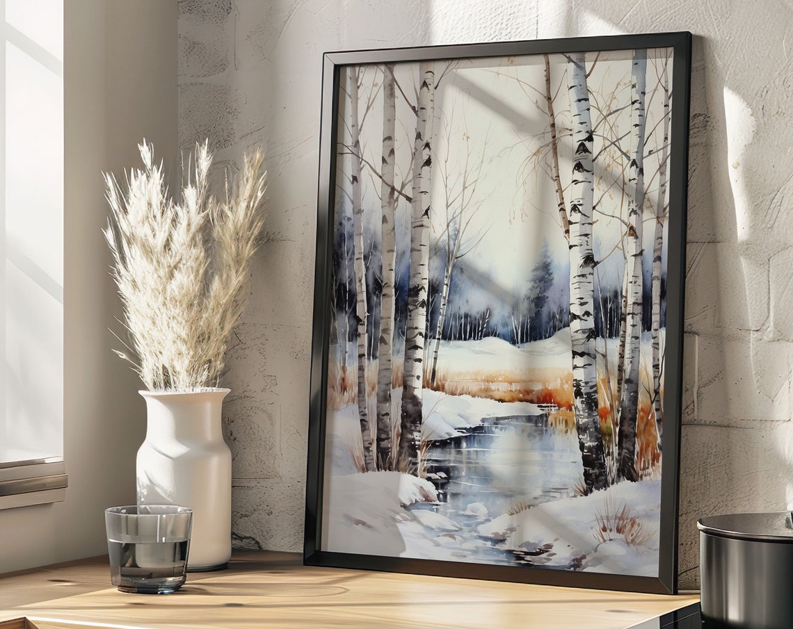 Winter Birch Grove Watercolor Snowy Stream Calm Scene Poster - Image 5
