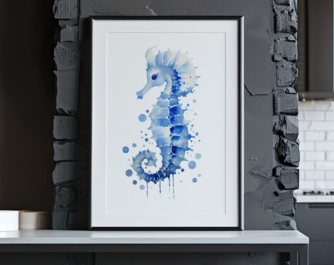 Blue Seahorse with Bubble Splash Watercolor Ocean Art Poster