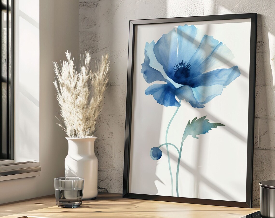 Blue Poppy Watercolor Flower Art Print for Light Bright Interiors