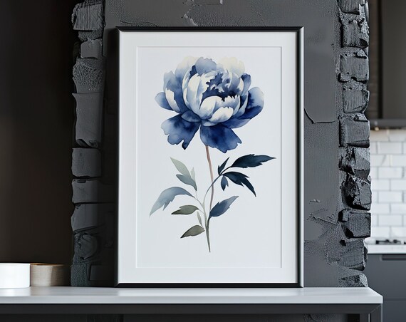 Blue Peony Watercolor Navy Single Flower Minimalist Botanical Art Poster