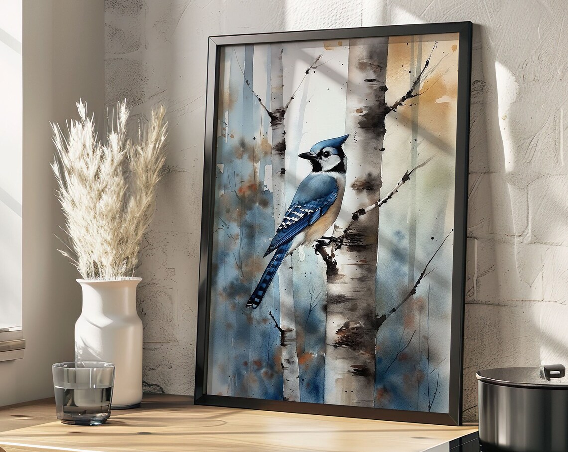 Blue Jay Watercolor Portrait Perched on Birch Branch Art Poster