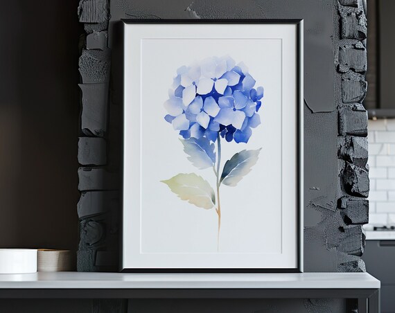 Blue Hydrangea Watercolor Single Flower Minimalist Art Poster