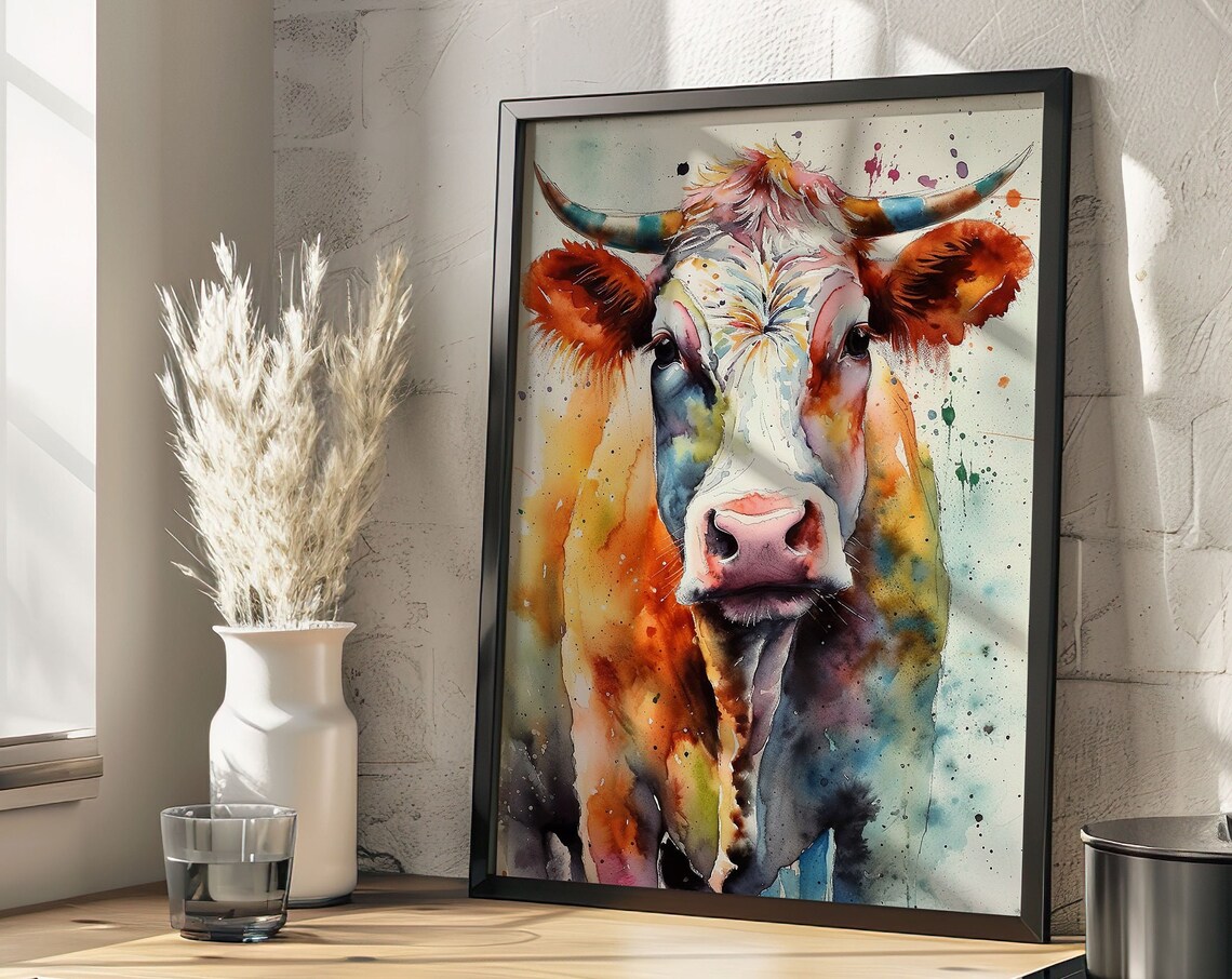 Cheerful Colorful Cow Portrait Watercolor Farm Animal Art Poster