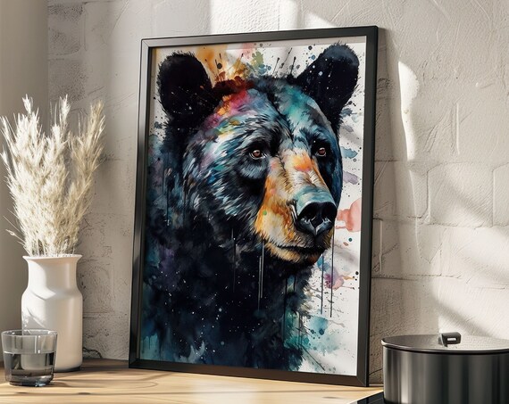 Black Bear Watercolor Portrait Colorful Splashes Wildlife Animal Art Poster