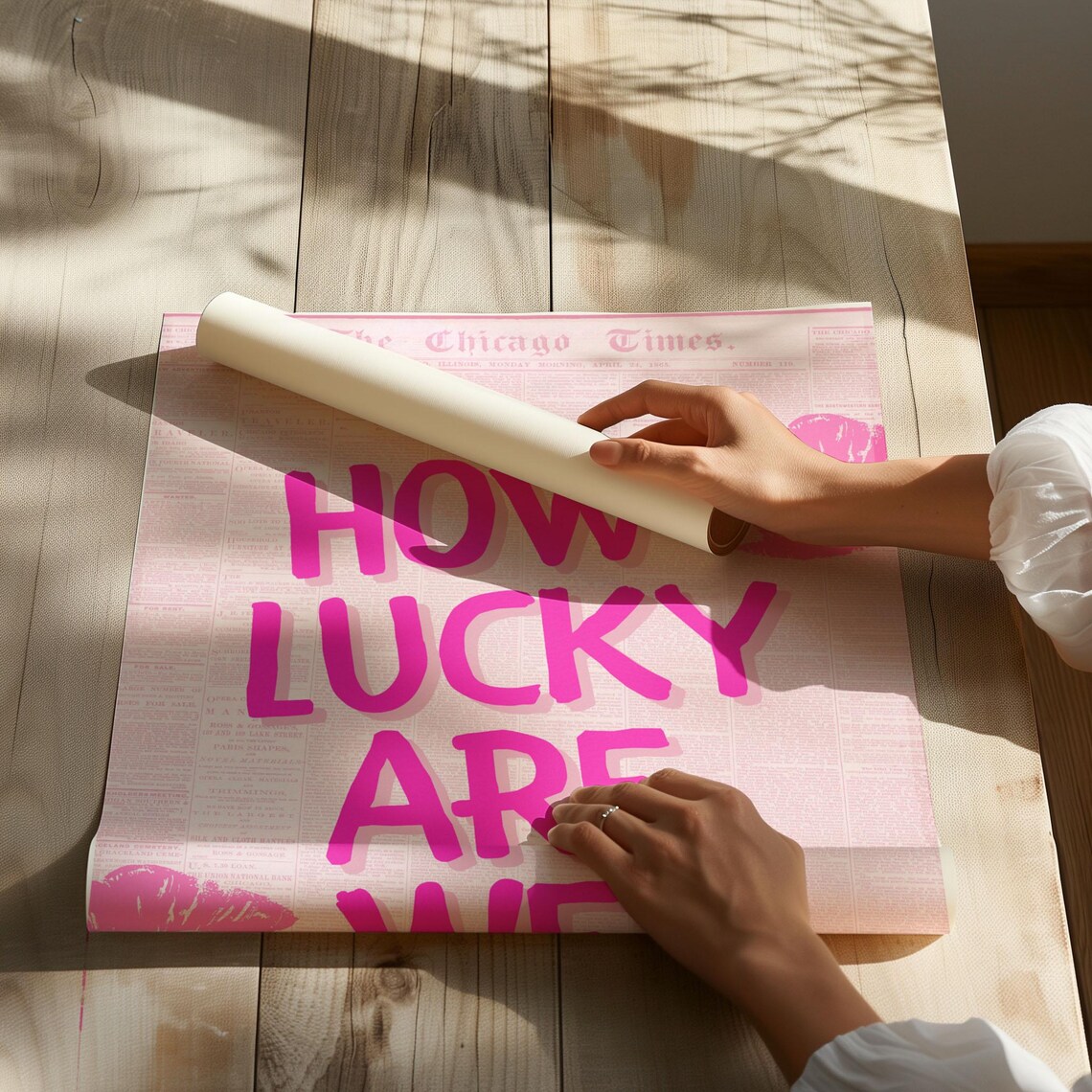 How Lucky Are We Hot Pink Newspaper Lips Kiss Retro Quote Poster - Image 2