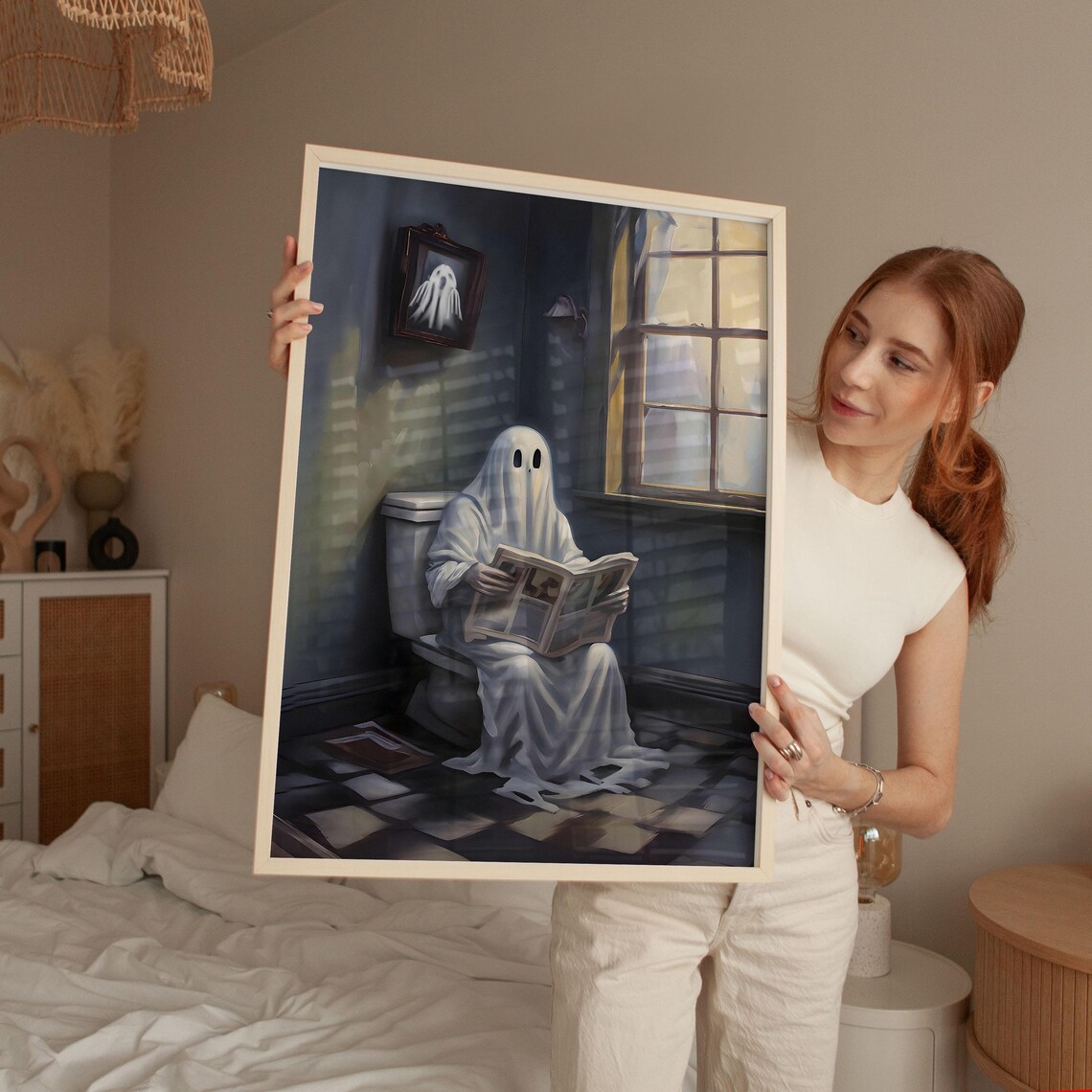 Ghost Sitting On Toilet Reading Paper Funny Bathroom Art Poster - Image 2