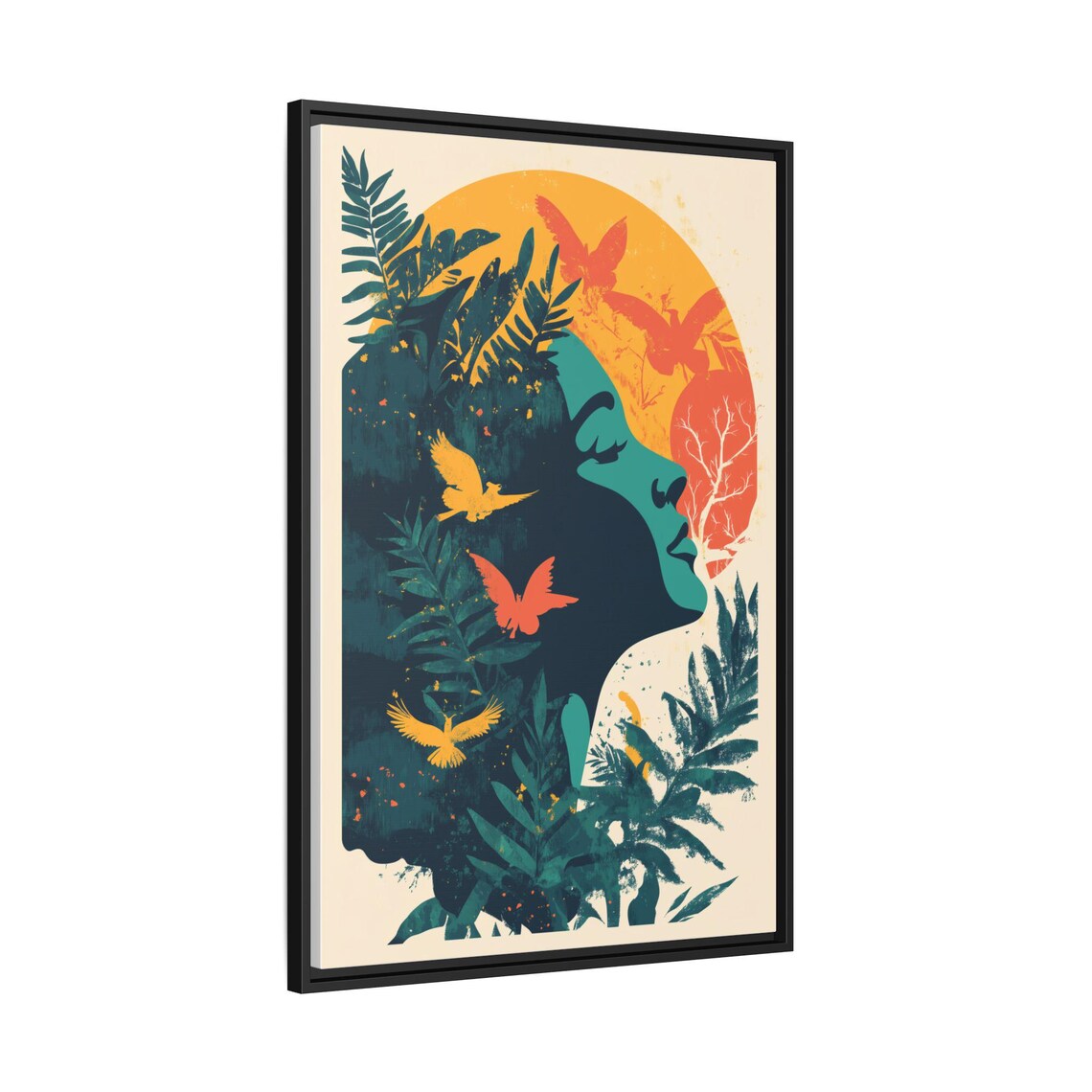 Tropical Woman Profile Birds and Sun Botanical Art Nouveau Print - Image 3