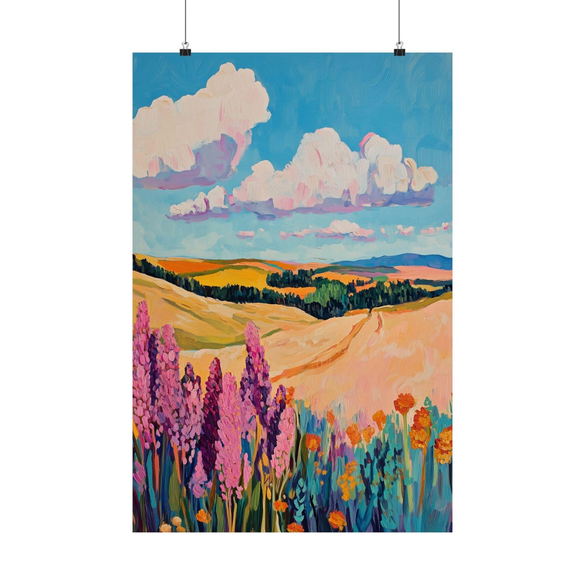 Golden Prairie Wildflowers Impressionist Meadow Cloudscape Wall Art
