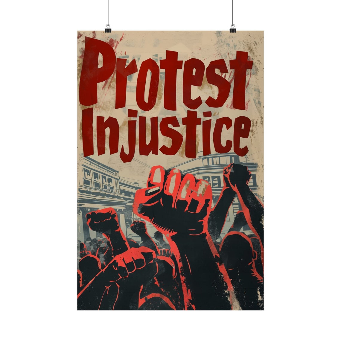 Protest Injustice Raised Fists Crowd Red March Vintage Poster
