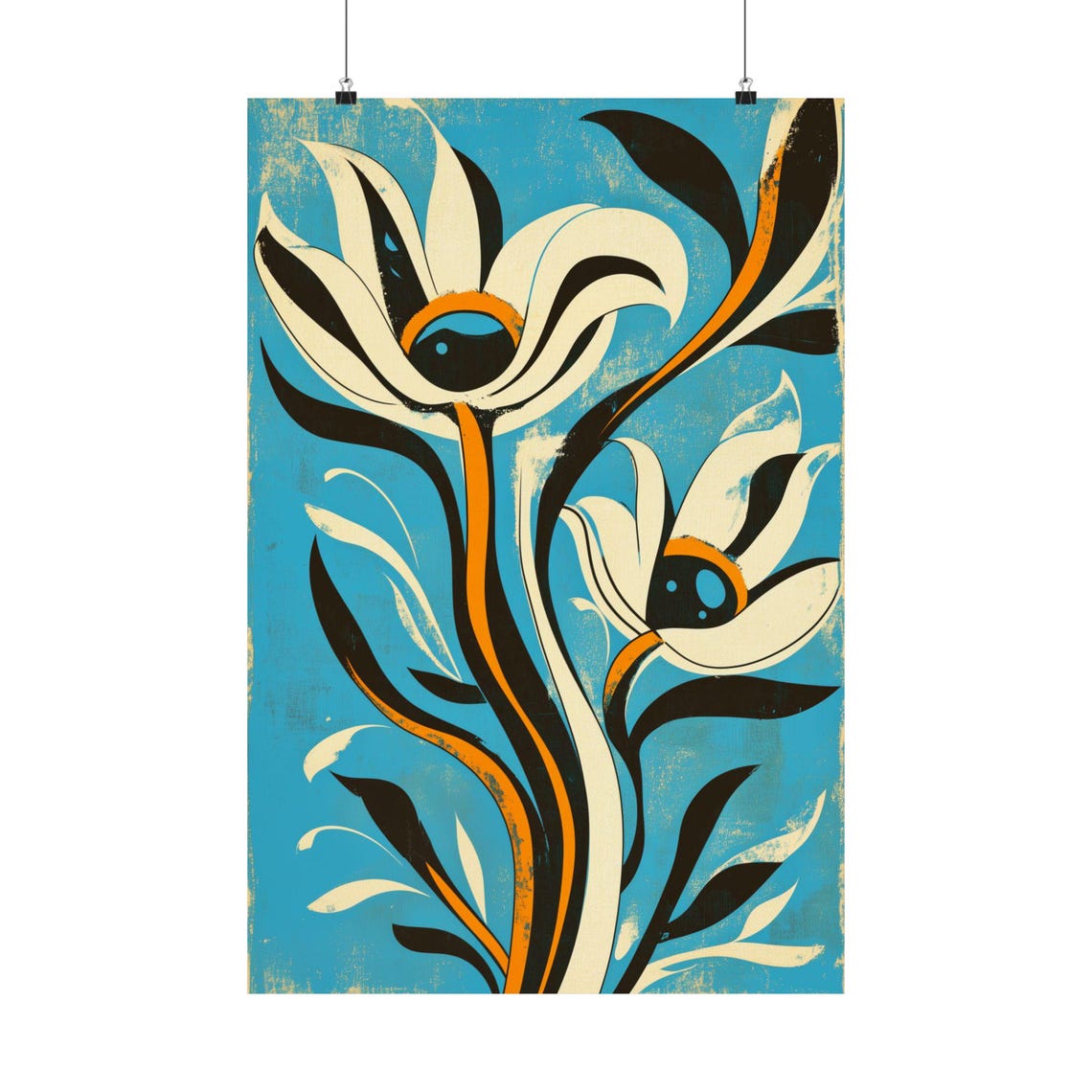 Blue Floral Stylized White Flowers Botanical Wall Decor Print Art