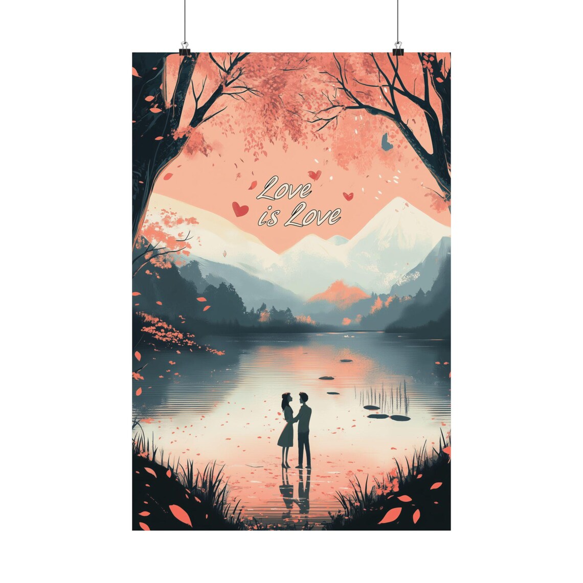 Love Is Love Couple Silhouette Lake Cherry Blossoms Mountain Poster