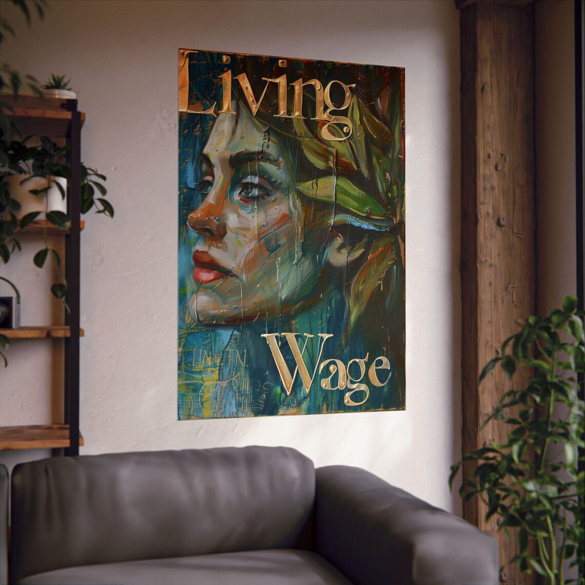Living Wage Painted Woman Portrait Labor Rights Message Poster - Image 2