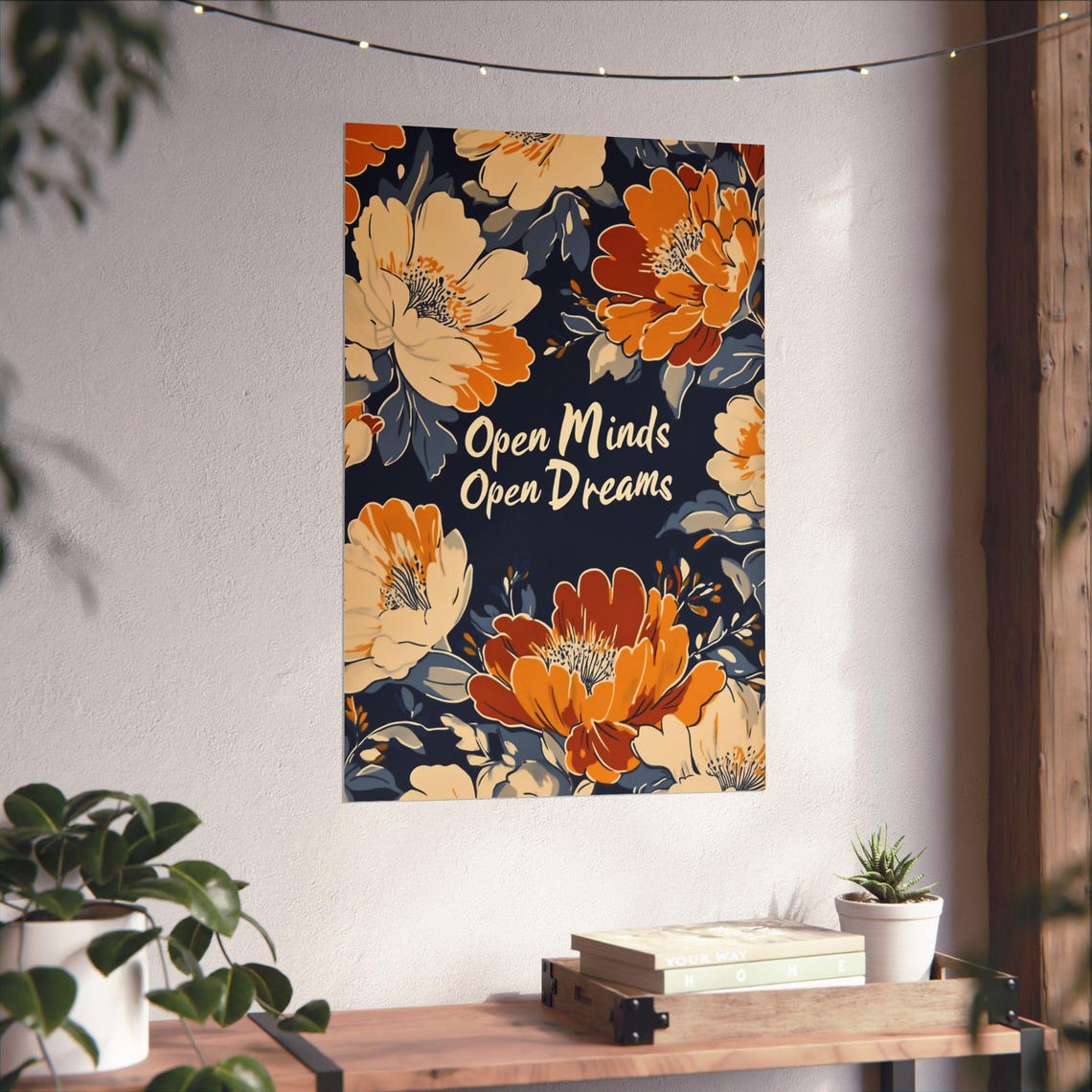 Open Minds Open Dreams Inspirational Dark Moody Floral Art Poster - Image 4
