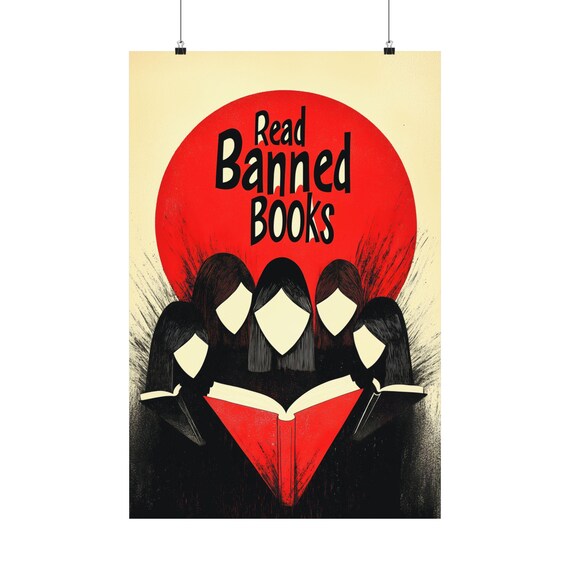 Read Banned Books Red Sun Vintage Faceless Readers Art Poster