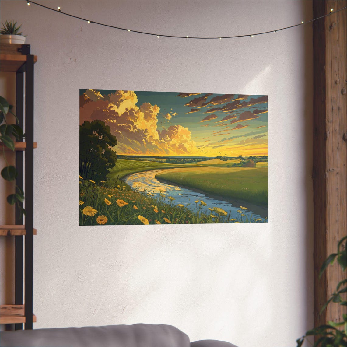 Golden River Sunset Wildflower Meadow Peaceful Landscape Poster - Image 3
