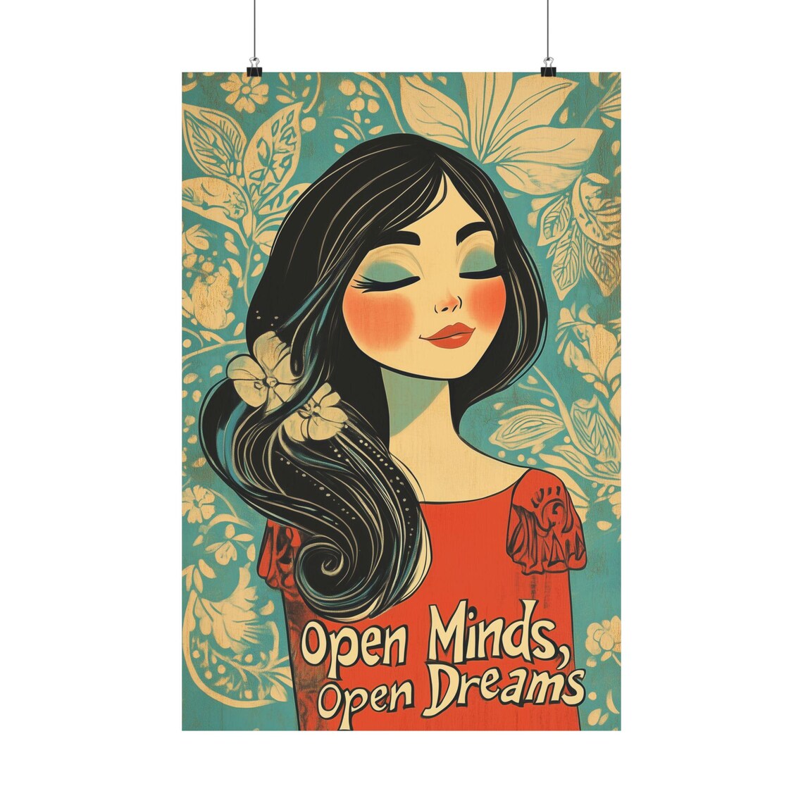 Open Minds Open Dreams Vintage Retro Girl Floral Quote Art Poster