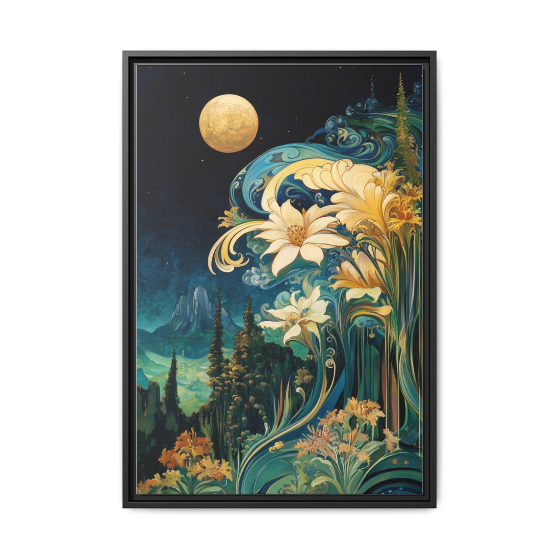 Floral Moon Night Garden Art Nouveau Flowers Surreal Style Poster - Image 4