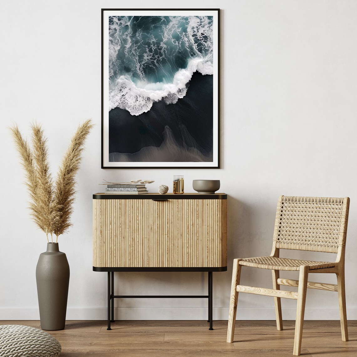 Black Sand Beach Aerial View Ocean Travel Poster - Image 3