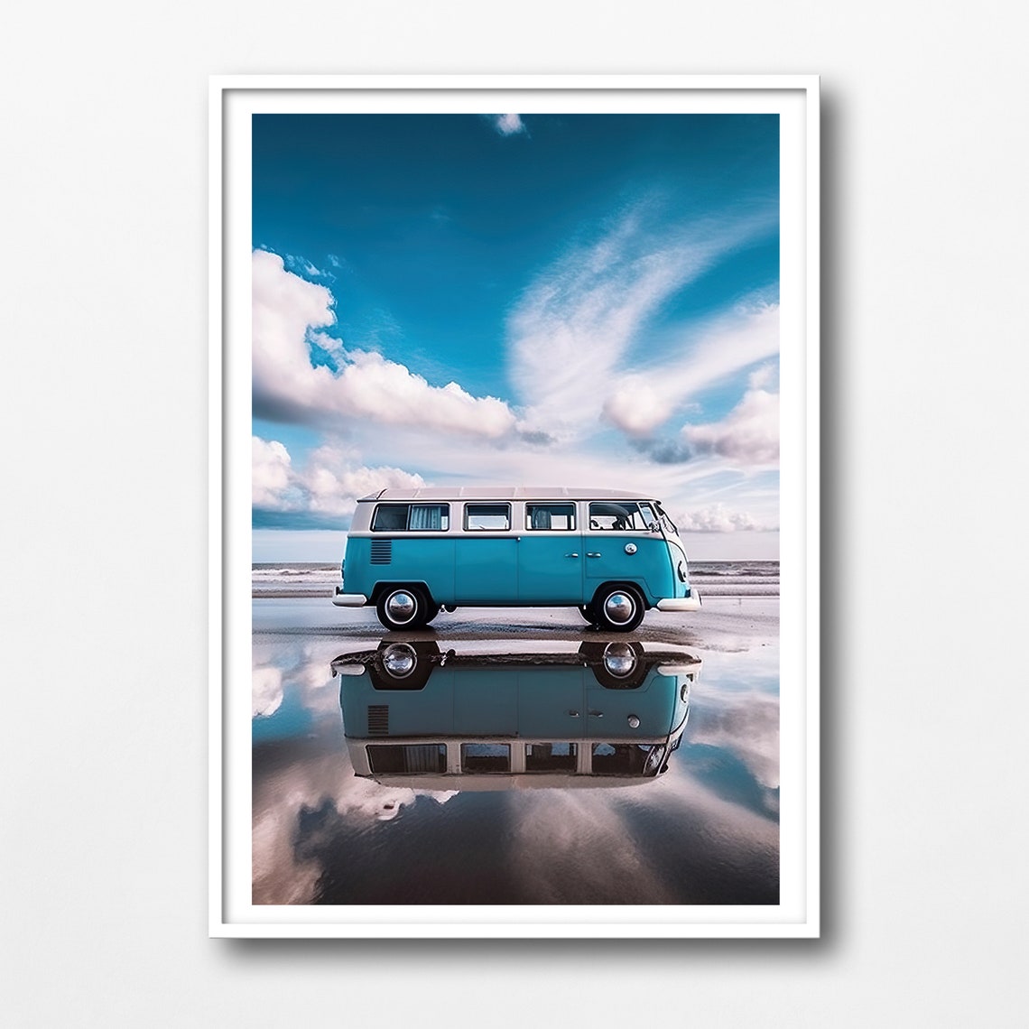 Turquoise VW Bus on Wet Sand Beach Reflection Cloudy Sky Photo Poster