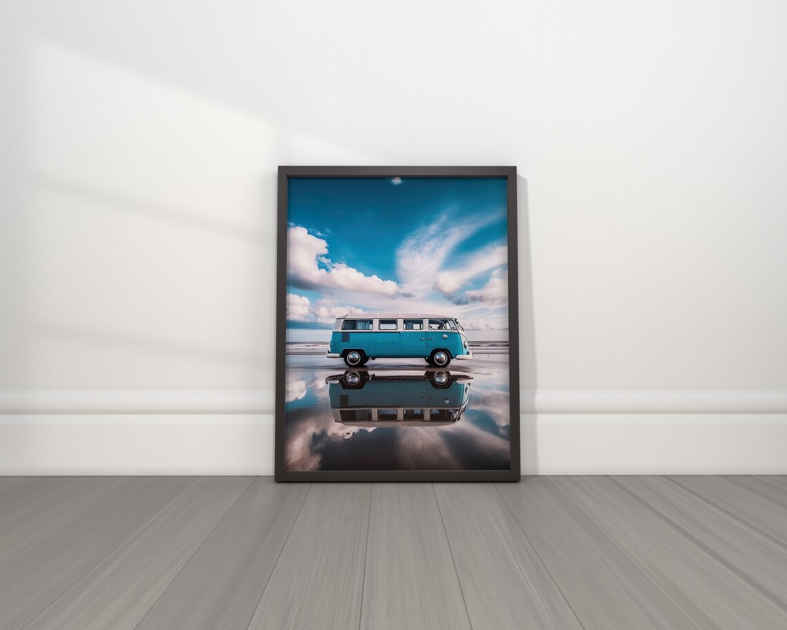 Turquoise VW Bus on Wet Sand Beach Reflection Cloudy Sky Photo Poster - Image 4