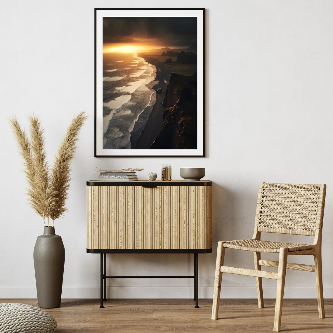 Black Sand Beach Aerial Golden Sunset White Foam Coastal Photo Poster - Image 2