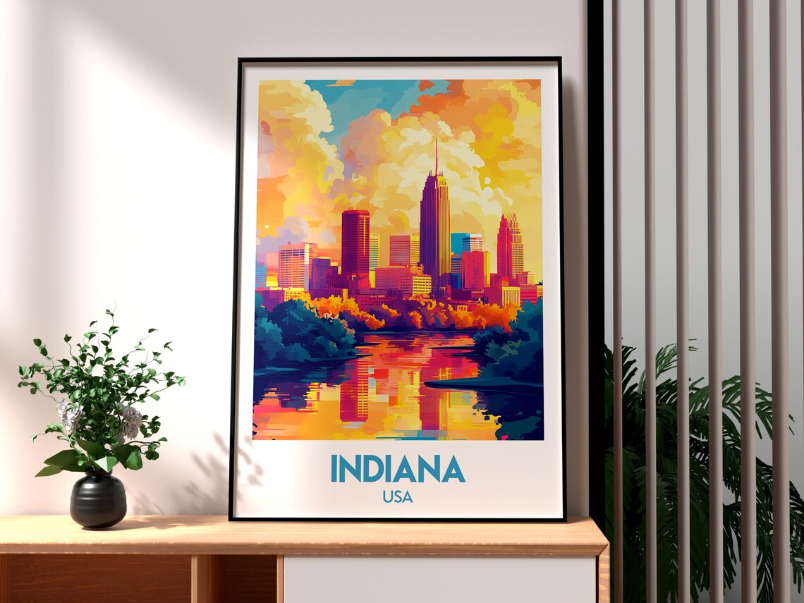 Indiana USA City Skyline Sunset River Reflection Vintage Travel Poster