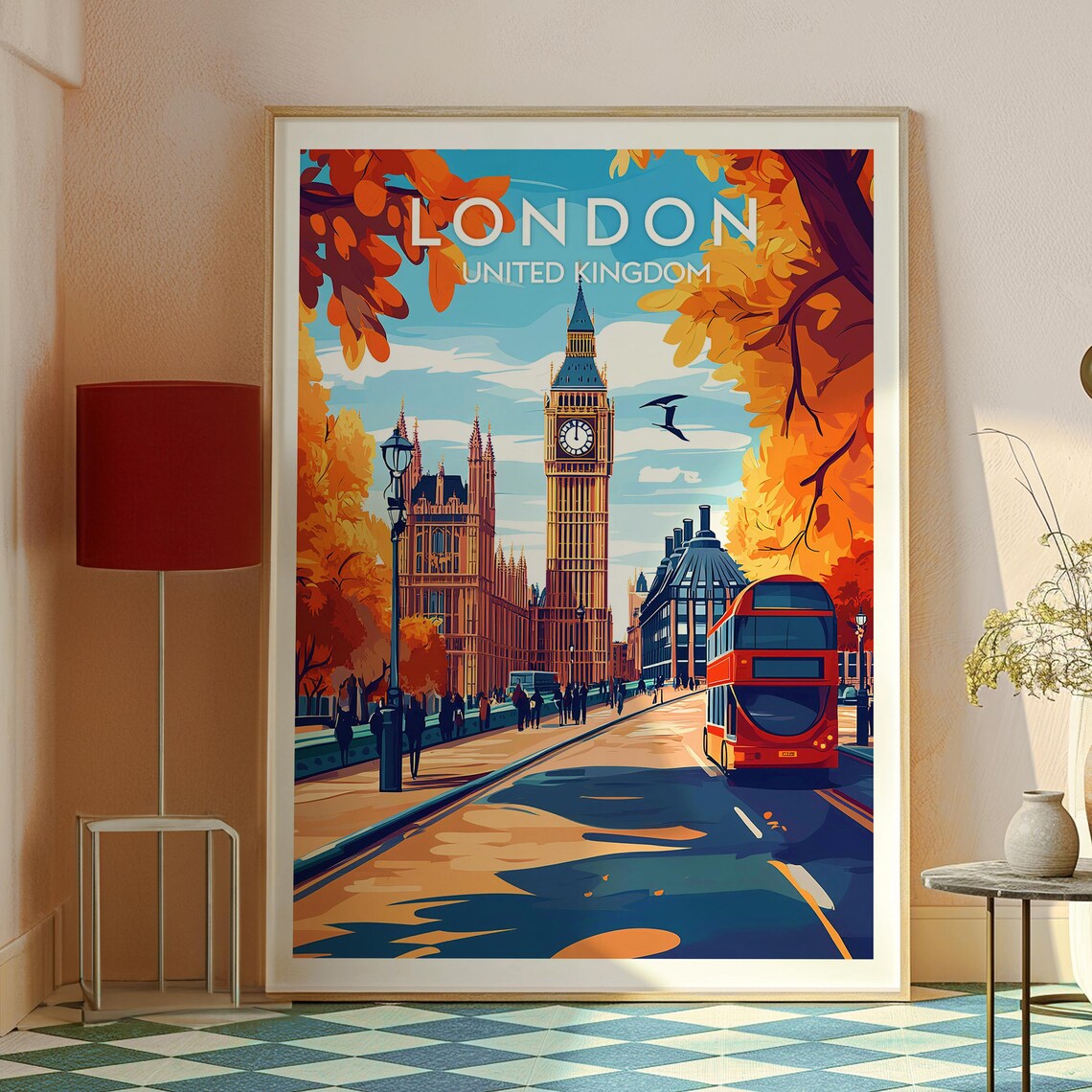 London Big Ben Red Bus Autumn Street United Kingdom Travel Poster - Image 2