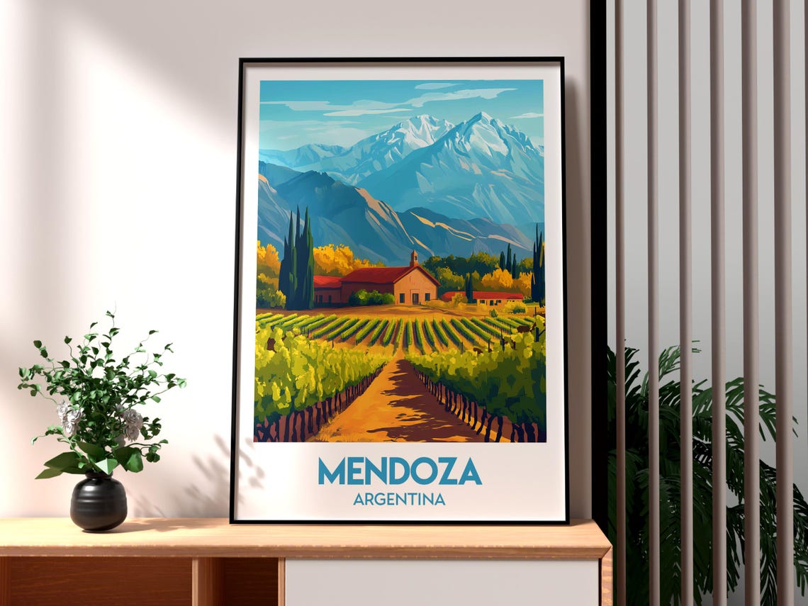 Mendoza Argentina Vineyard Andes Snow Peaks Retro Travel Poster