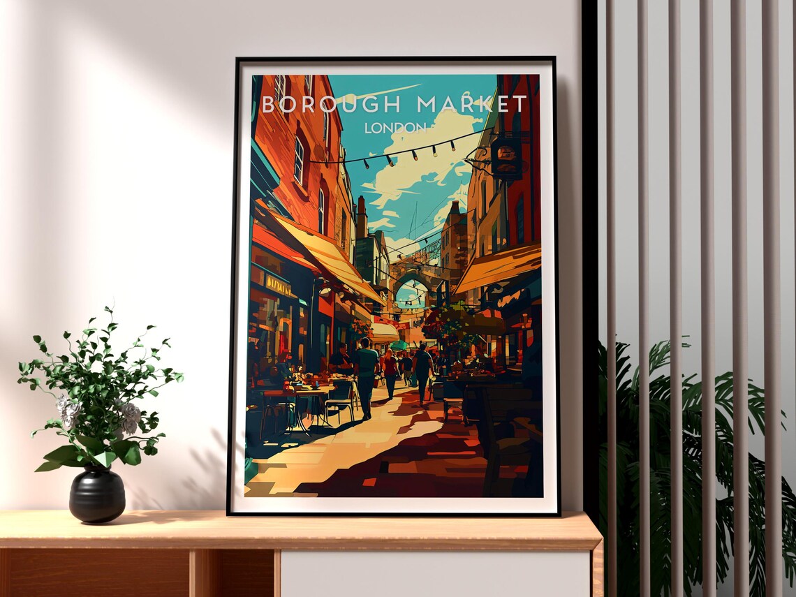 Borough Market London Vintage Food Hall Street Scene Travel Poster