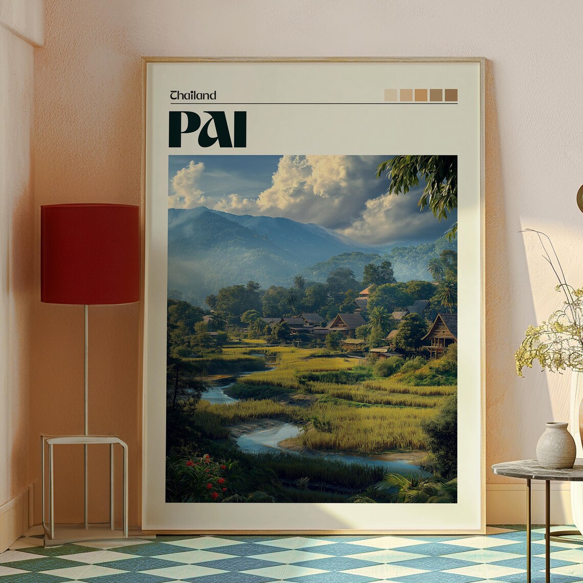 Pai Thailand Mountain Valley Rice Fields River Village Travel Poster - Image 2