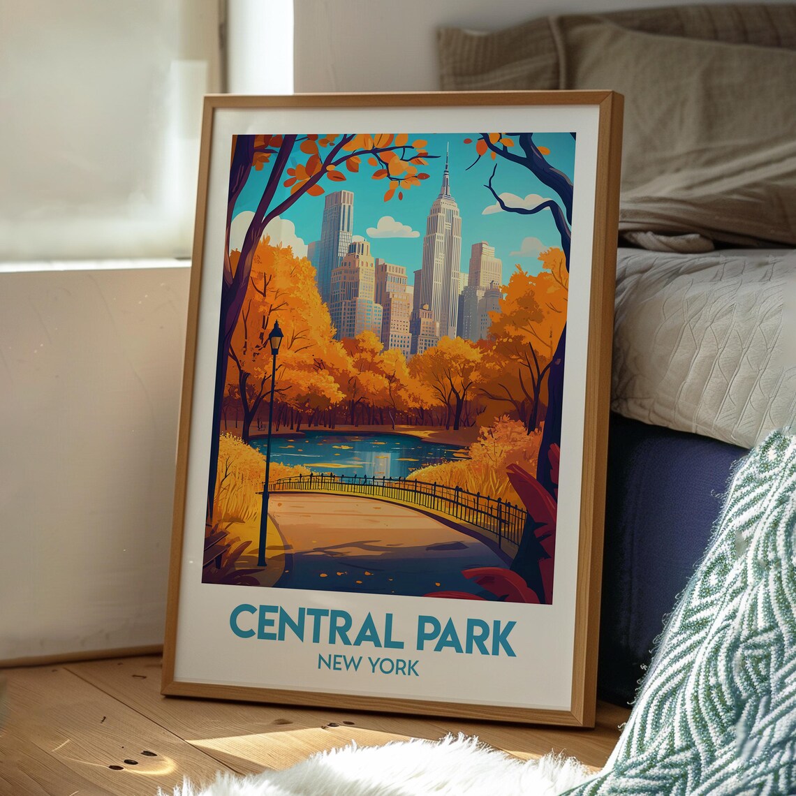 Central Park New York Autumn Foliage Skyline Retro Travel Poster - Image 3