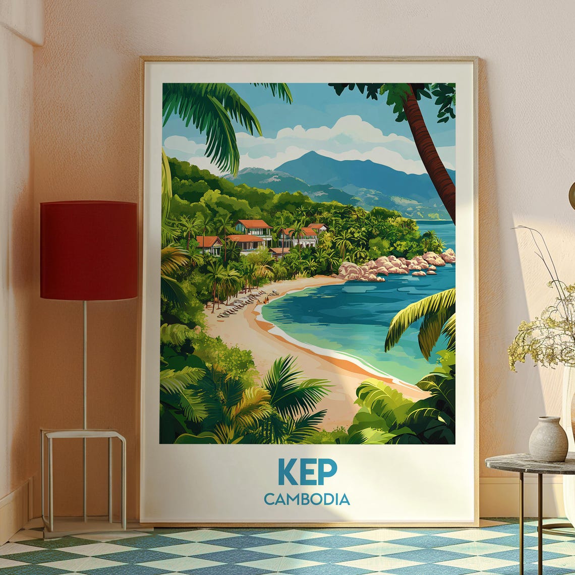 Kep Cambodia Tropical Beach Coast Palm Tree Vintage Travel Art Poster - Image 2