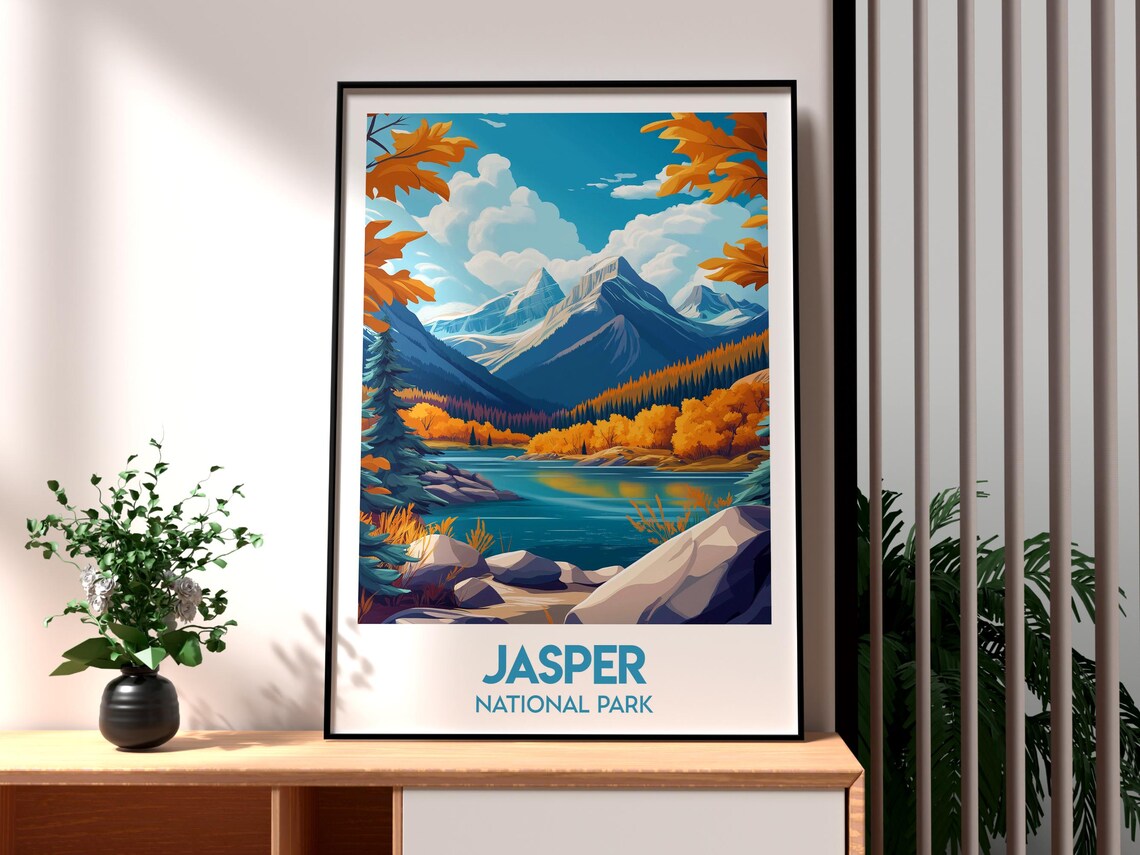 Jasper National Park Autumn Lake Mountain Fall View Art Poster