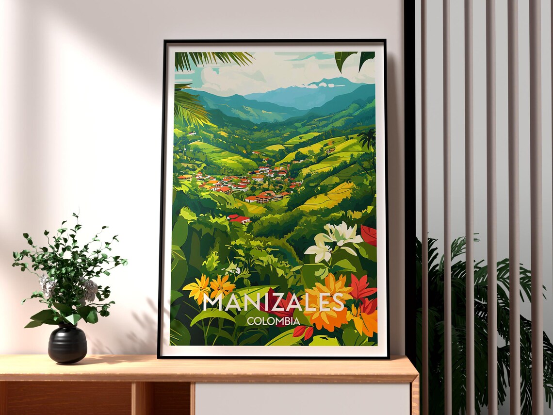Manizales Colombia Coffee Region Green Hills Town Travel Poster