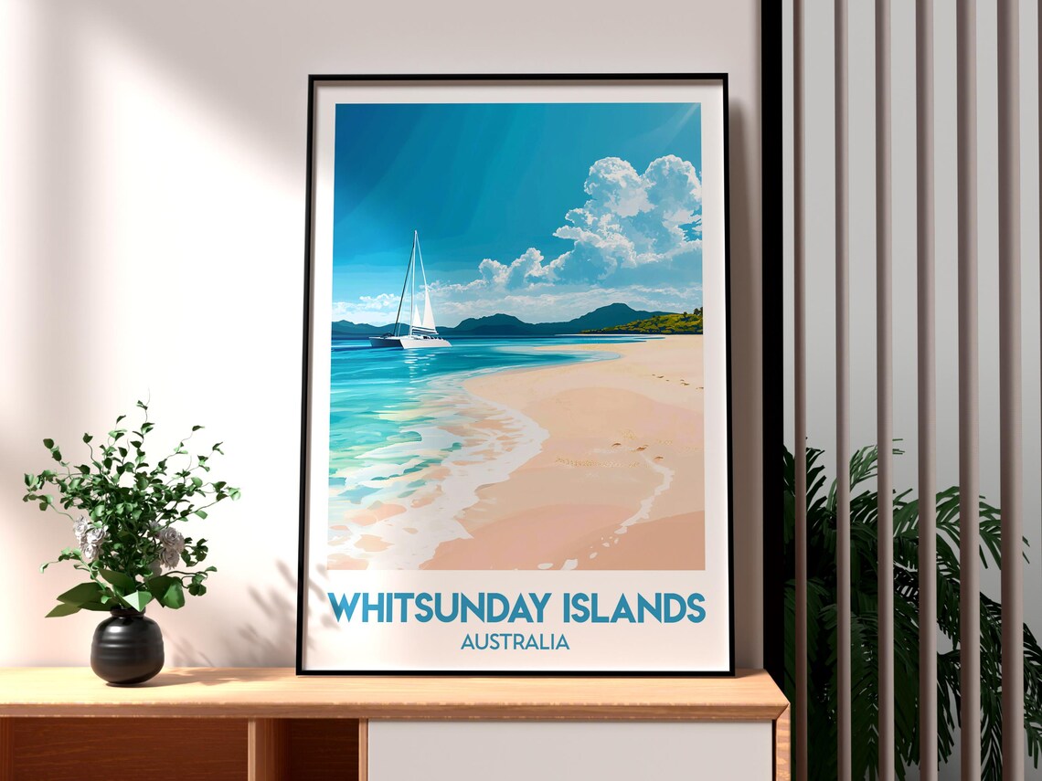 Whitsunday Islands Australia White Sailboat Beach Travel Poster
