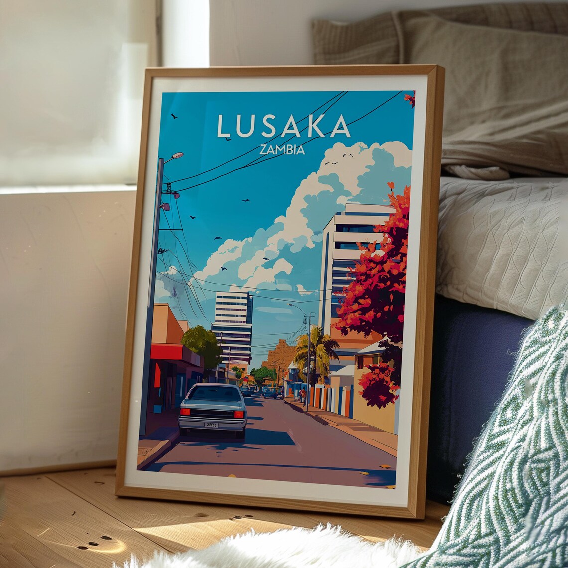Lusaka Zambia Sunny City Street Classic Car Downtown Buildings Poster - Image 3