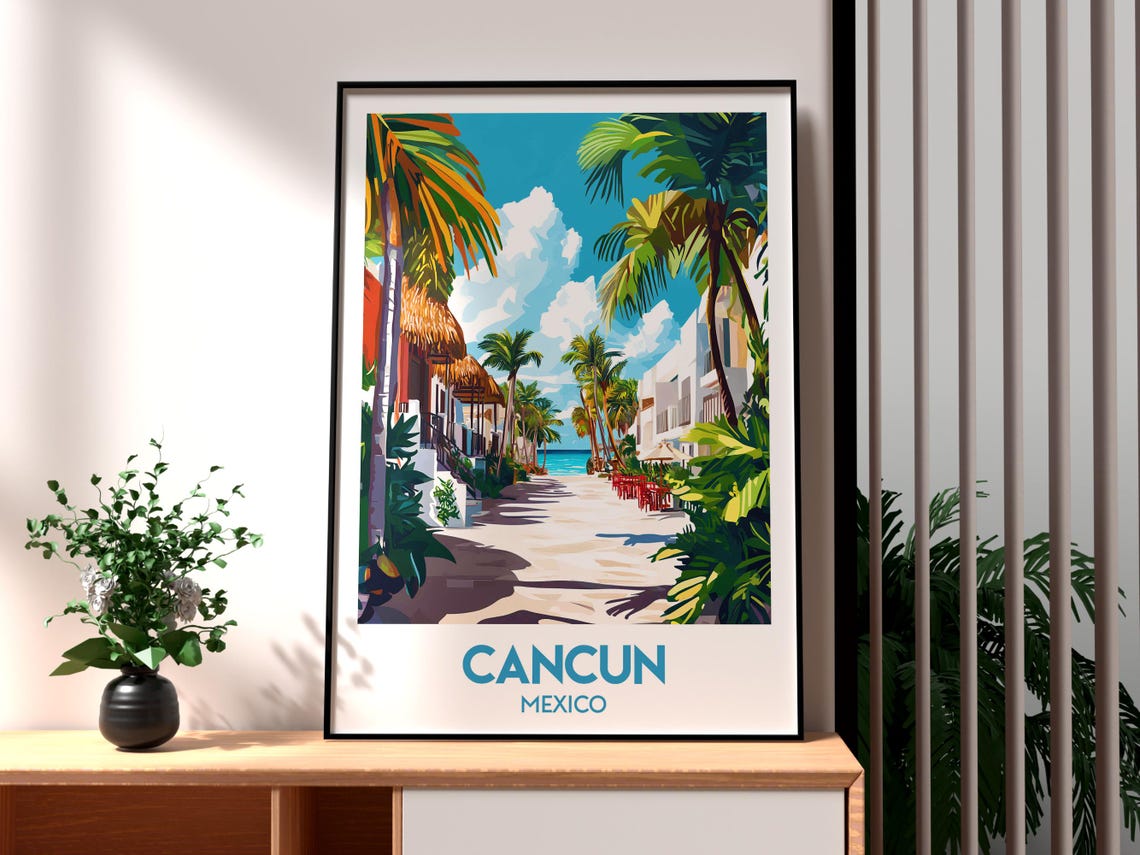 Cancun Mexico Tropical Beach Path Palms Turquoise Sea Travel Poster